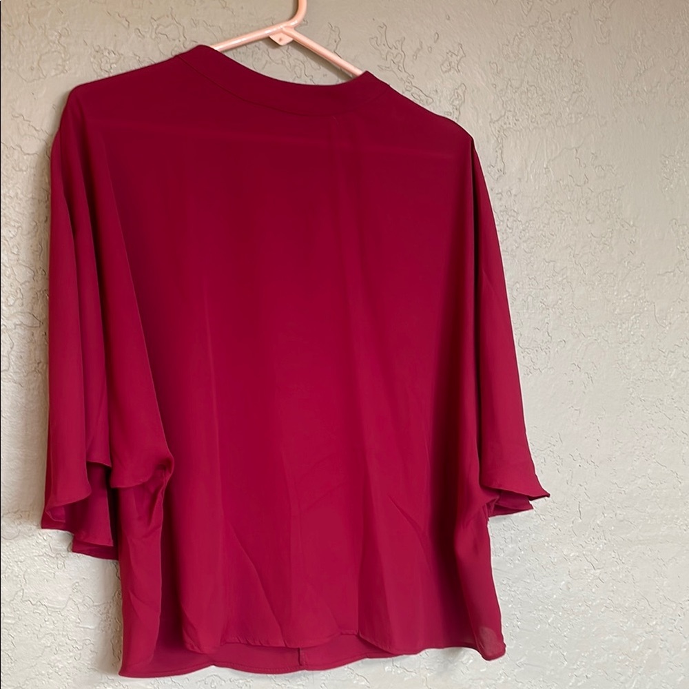 Worthington Deep Red Blouse with Flutter Sleeves and Mandarin Collar